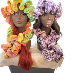 Hand made Colorful Knit Ruffle Hat and Scarf Set each